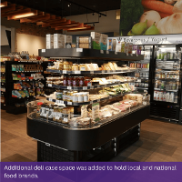Image of a deli case inside PrairieLand Market. Text at the bottom of the image reads: Additional deli case space was added to hold local and national food brands.