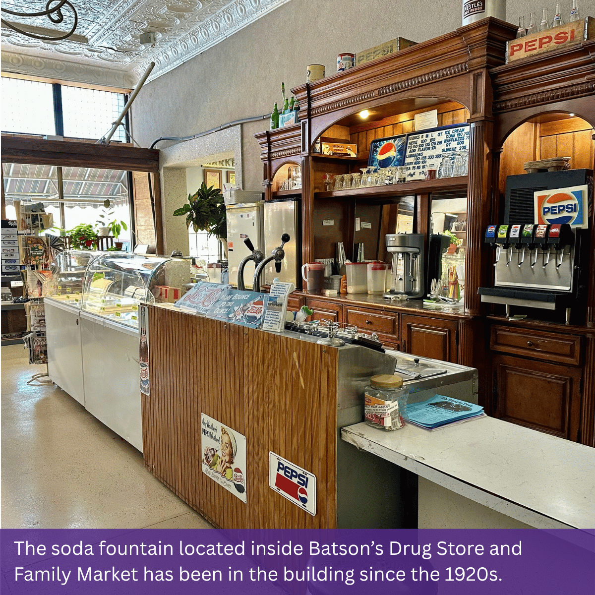 The soda fountain located inside Batson's Drug Store and Family Market has been in the building since the 1920s.