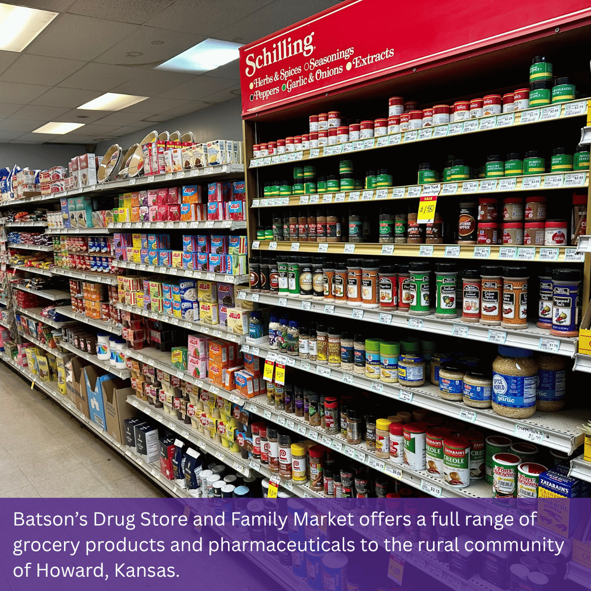 Batson's Drug Store and Family Market offers a full range of grocery products and pharmaceuticals to the rural community of Howard, Kansas.